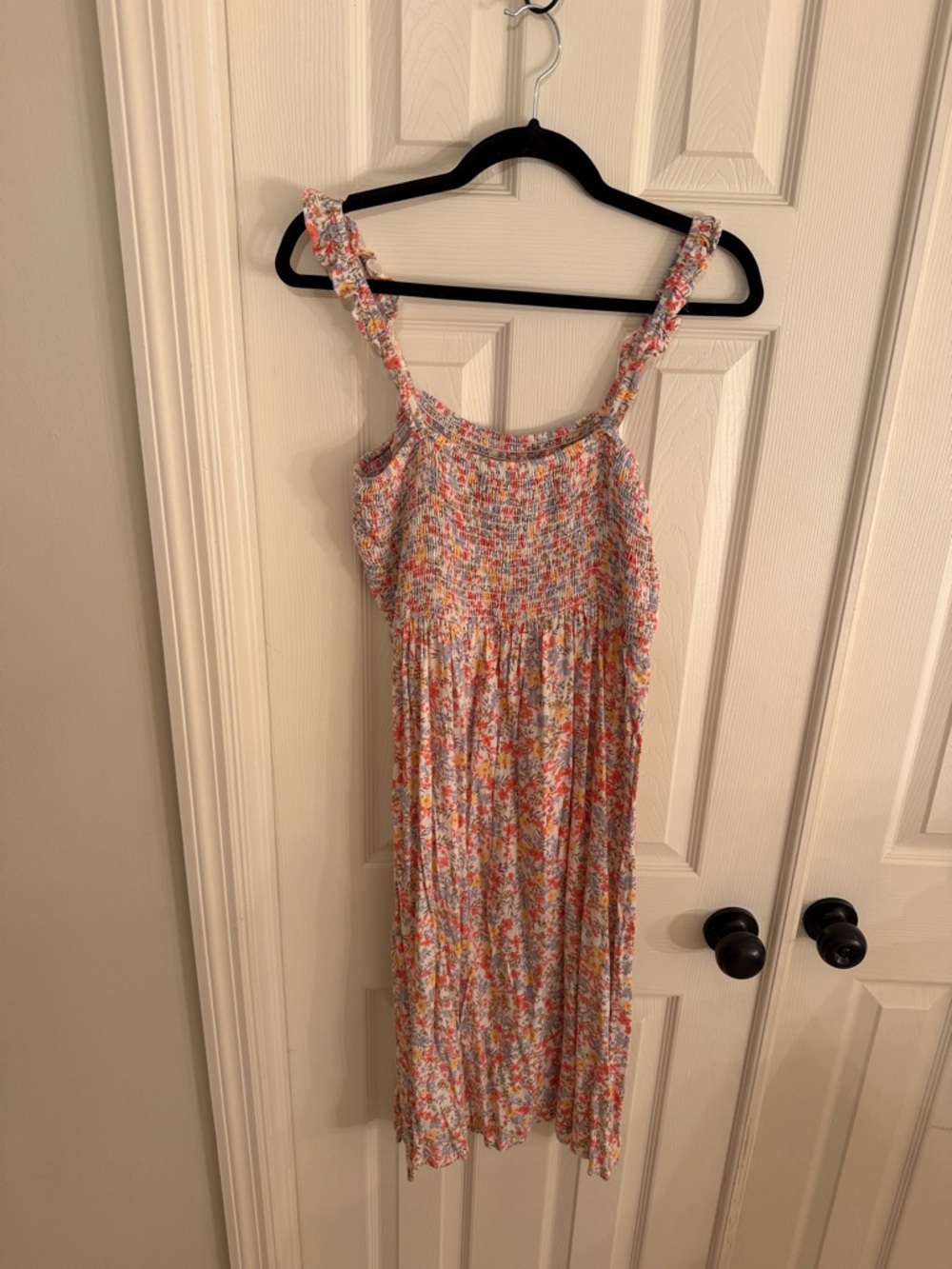 Lush White Floral Smocked Midi Dress with Pink and Orange Accents